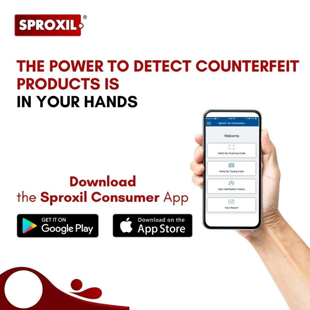 Advertisement for Sproxl app, promoting its ability to detect counterfeit products, featuring a hand holding a smartphone displaying the app interface with options to verify by scanning or typing a code, download buttons for Google Play and the App S
