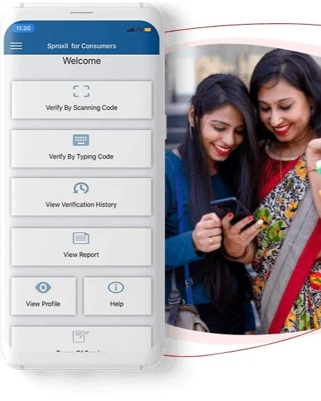 Two women smiling and looking at a smartphone, standing outdoors. To their left is a smartphone screen displaying an app menu with options like verify by scanning code, verify by typing code, view verification history, view report, view profile, and 