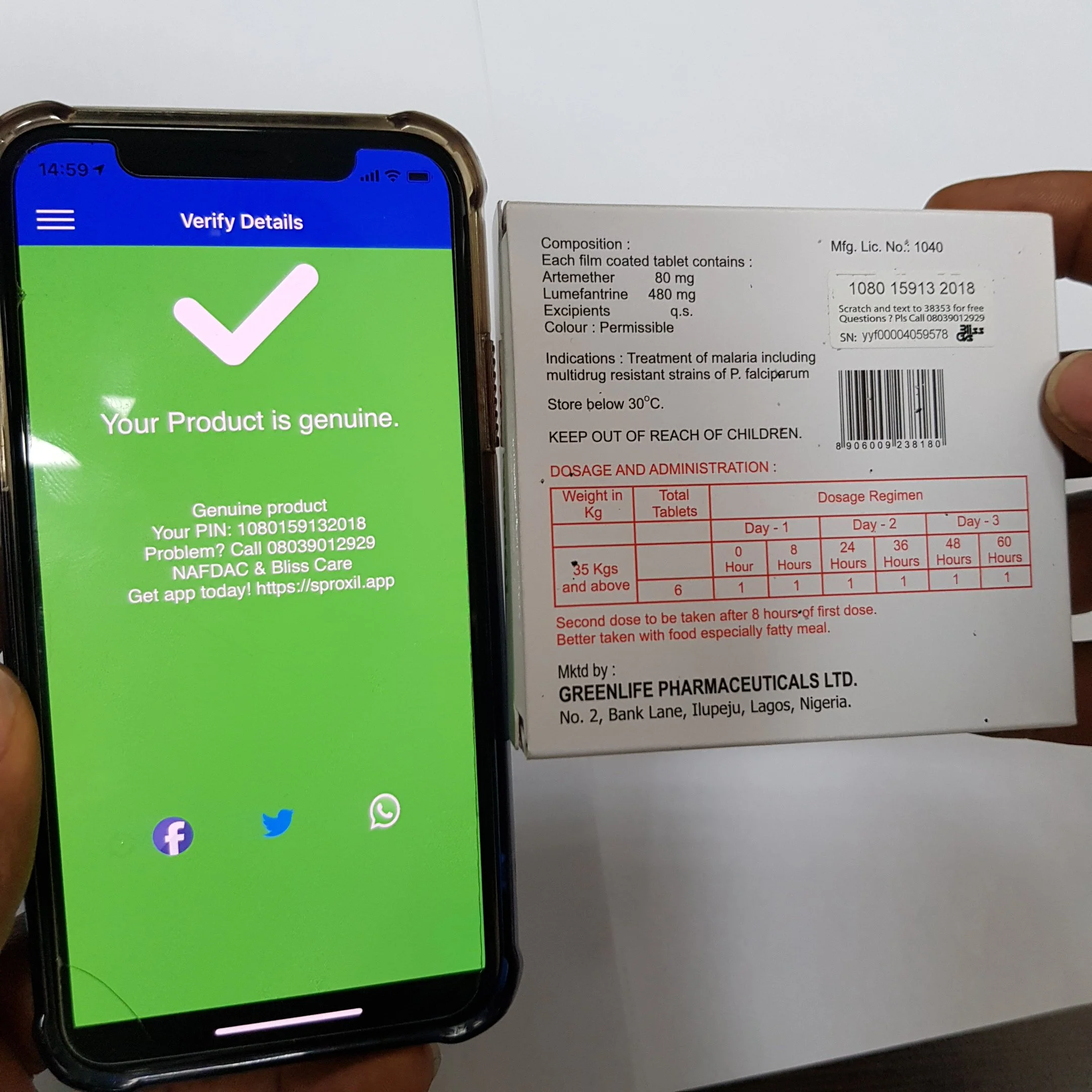 A smartphone screen displaying a green verification page with a white checkmark and a message confirming the product is genuine. Next to it is a medicine box with detailed composition, indications, storage instructions, and a dispensing schedule.
