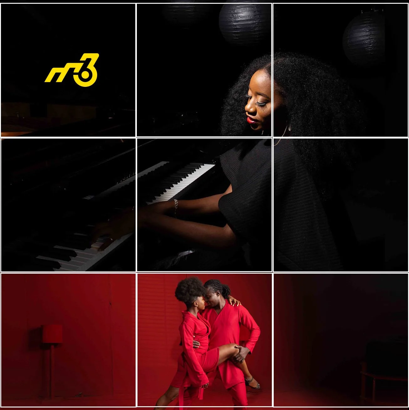 A collage of three images. The top image shows a Black woman with curly hair playing a grand piano in a dark room, with a yellow logo in the top left corner. The middle image depicts a red wall with a woman in a red dress posing with another woman in