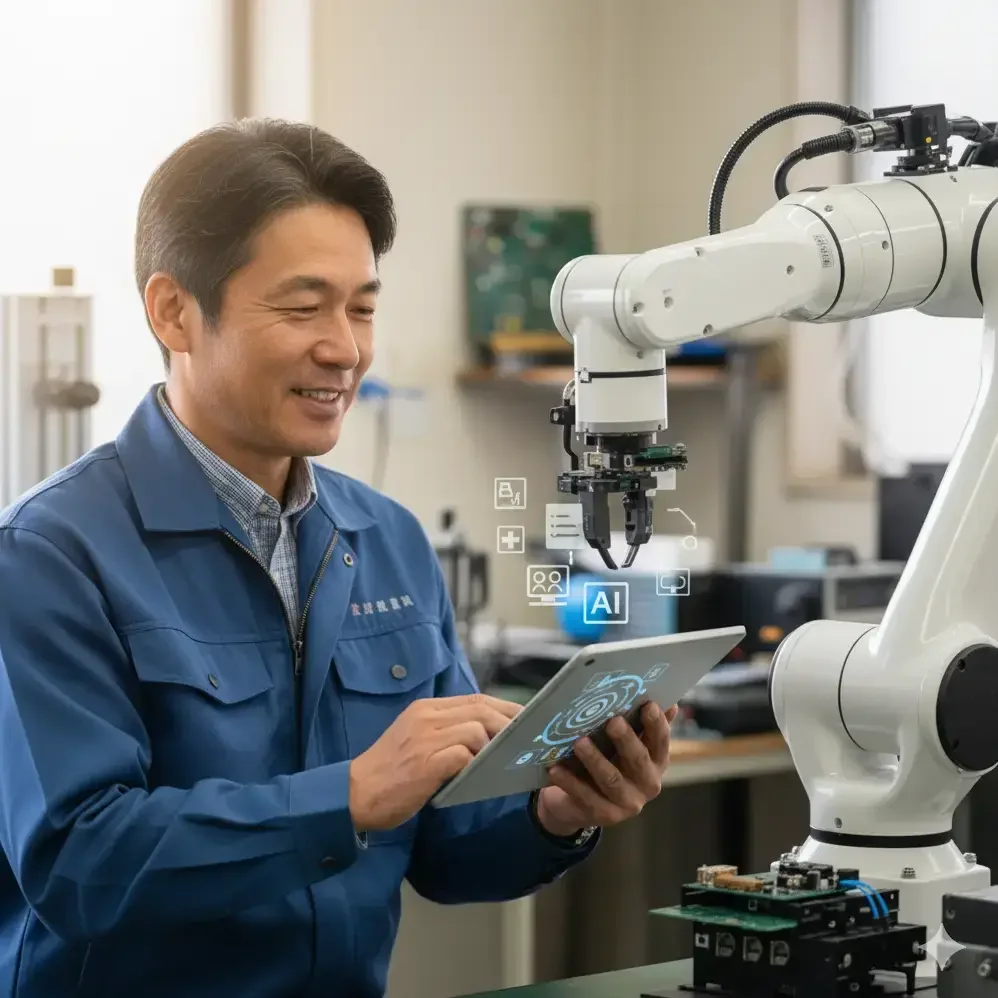  Witness the future of work in Japan's SMEs, where a skilled owner collaborates seamlessly with an AI-driven robotic arm. This image highlights how artificial intelligence is being integrated into small businesses to boost efficiency and innovation. 