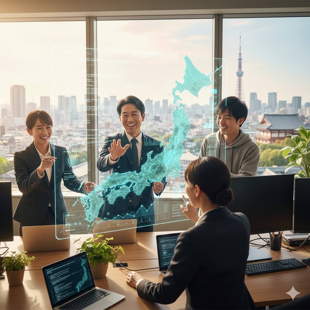  Japanese innovators working together on a national AI strategy, using advanced technology to visualize data and plan for a future of sustainable technological growth. 