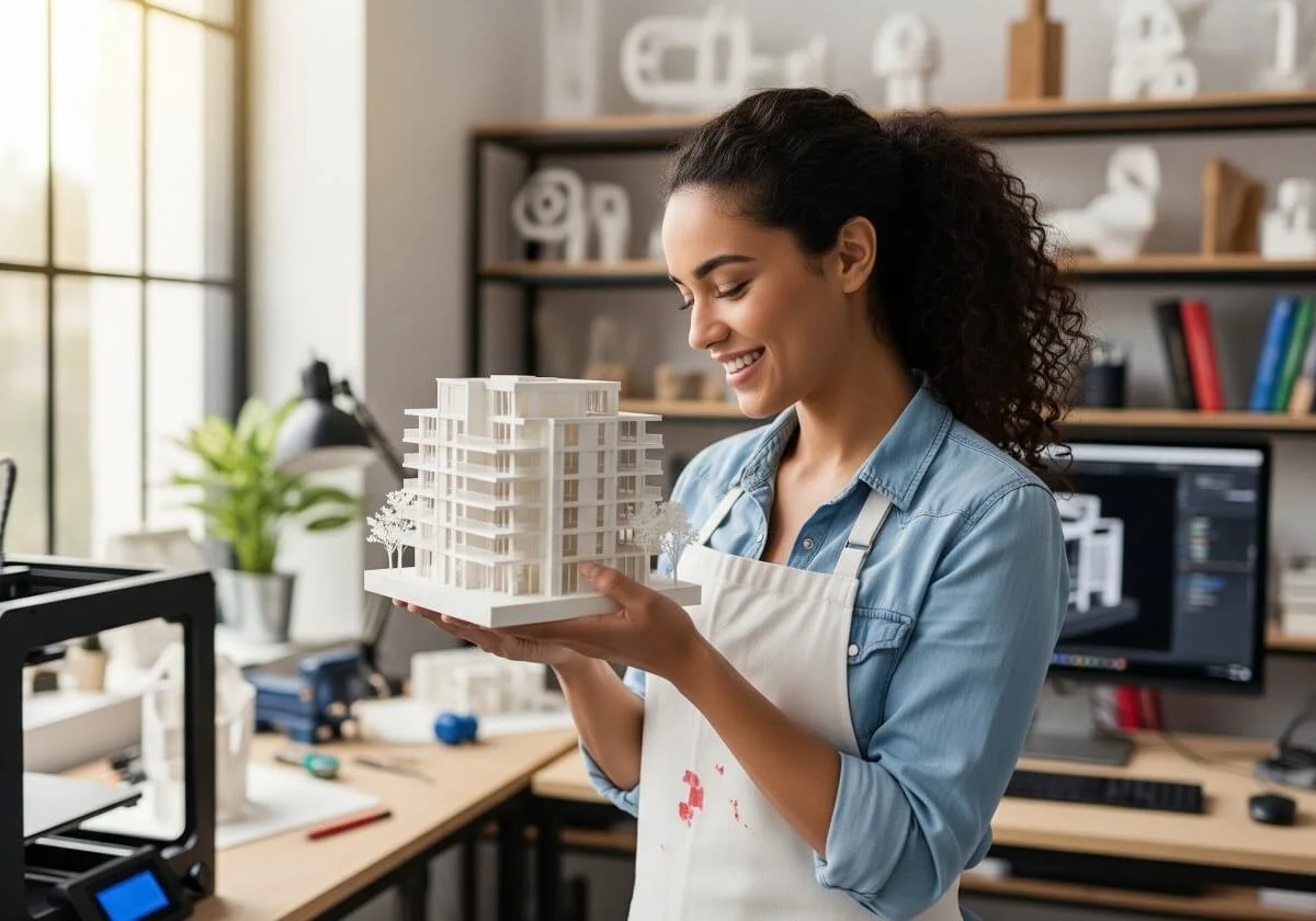  A young female entrepreneur in her modern workshop proudly inspects an intricate 3D-printed architectural model. This act represents a hands-on, strategic AI implementation, where technology is used with precision to bring innovative ideas to life, directly contributing to Japan's tech future. 