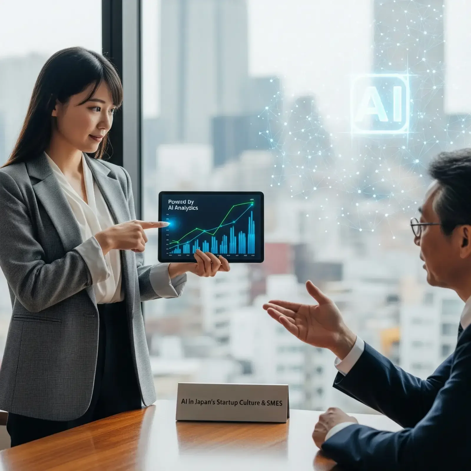  A young entrepreneur showcases the power of AI-driven business analytics, a key tool for Japan's startups and SMEs. This represents the new wave of innovation and data-centric strategy that is defining the future of Japanese business. 