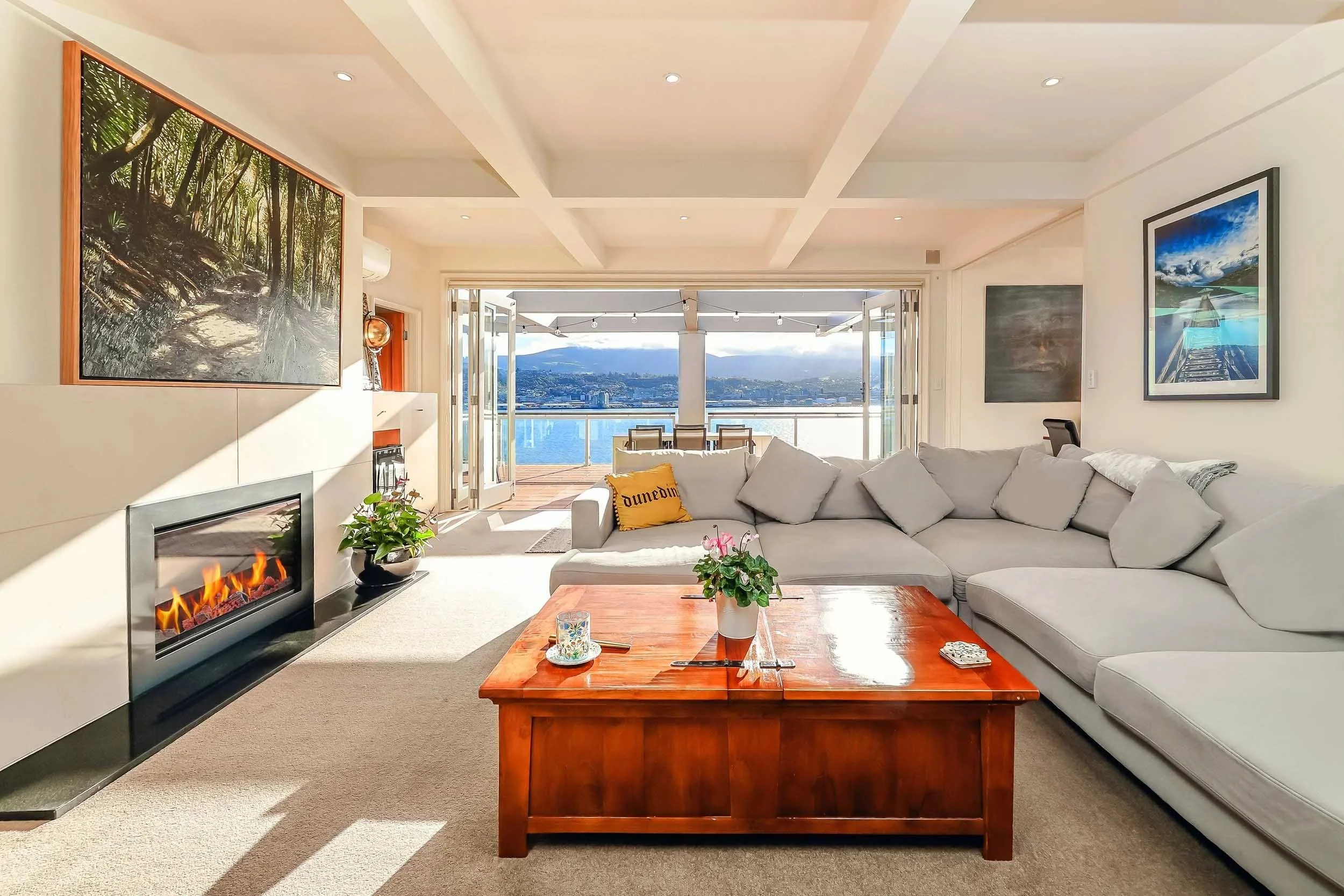 Spacious open-plan living area photographed for a real estate listing in Dunedin by Lydia R Cook Real Estate Photography.
