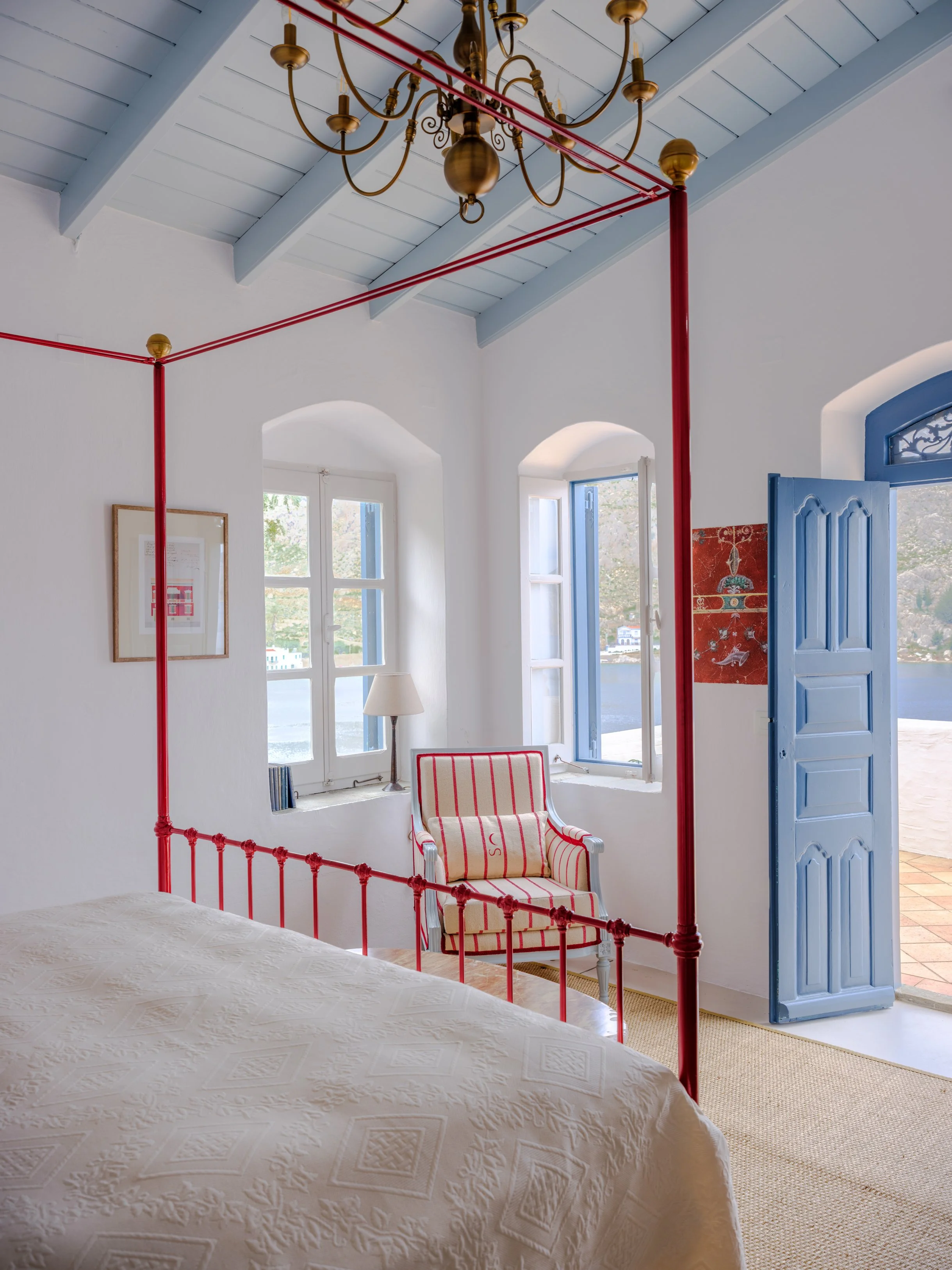 Sun-filled Thalassa bedroom at Tne selene Greece, Nimborio Bay, canopy bed with seaviews