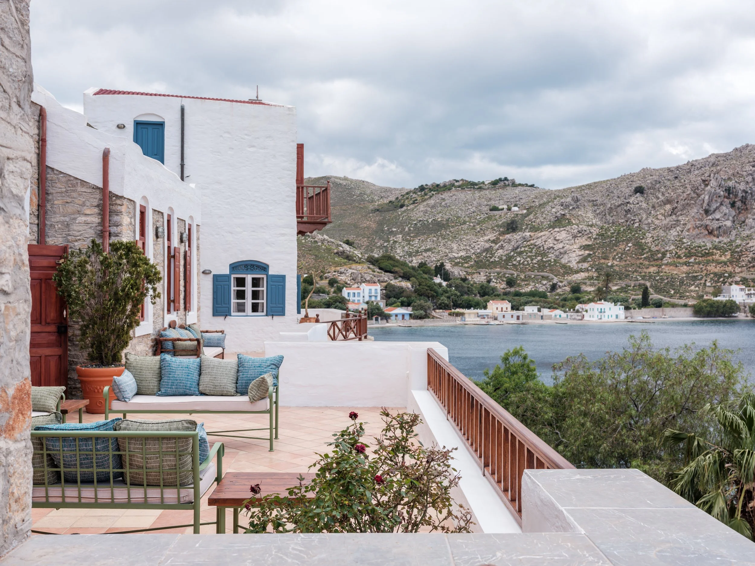 The living room terrace and seating at The Selene Greece Symi