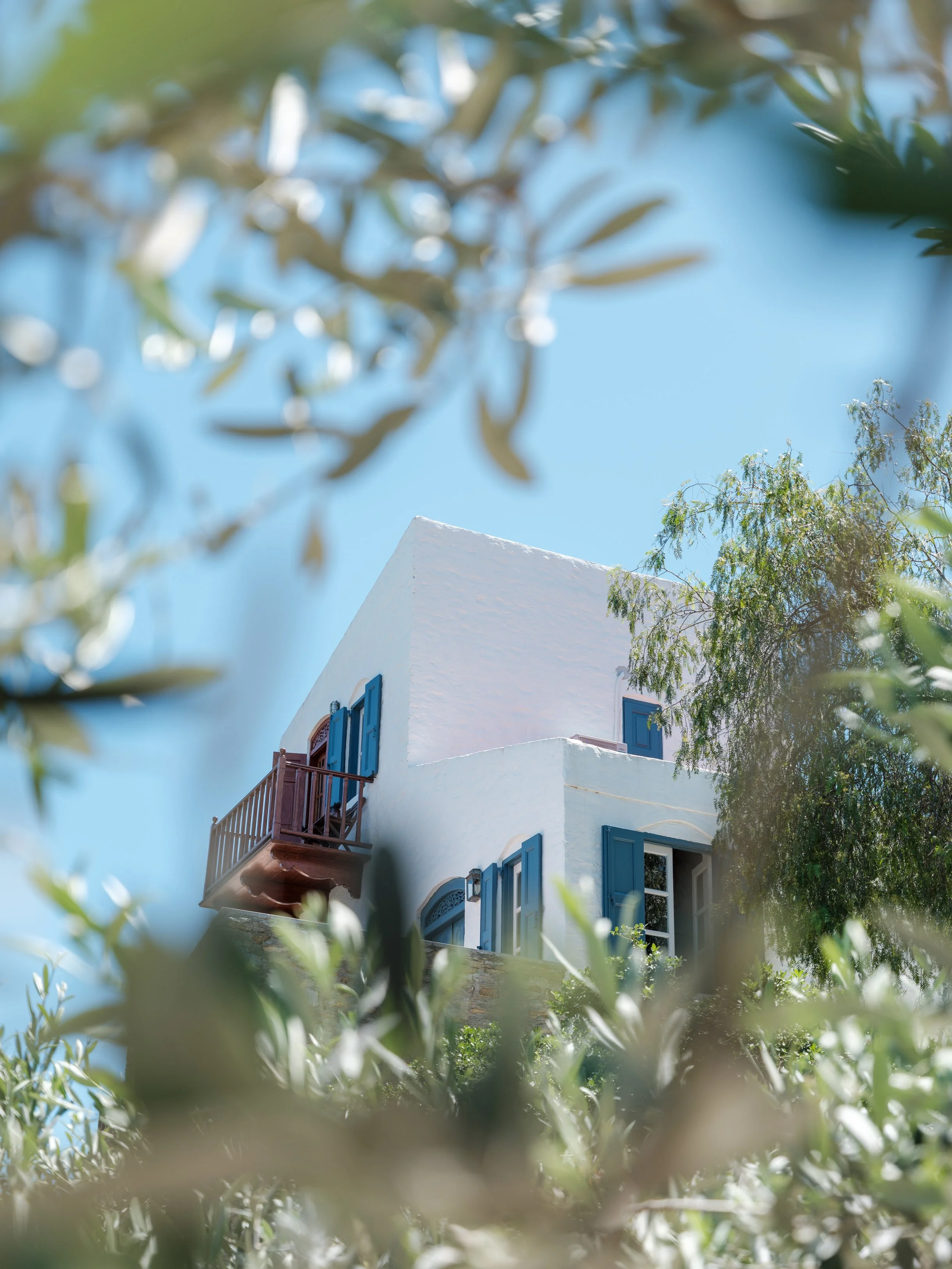 Eos exterior view - a white building with blue shutters and a balcony, viewed through green foliage against a clear blue sky at the selene greece, symi
