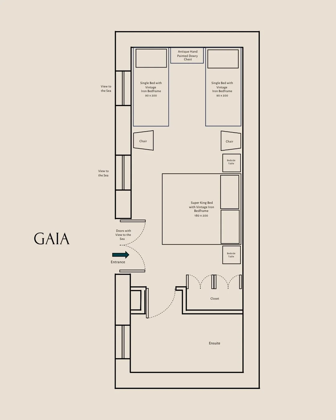Gaia suite floor plan with two single beds, a super king bed, two chairs, two bedside tables, a closet, and an ensuite bathroom. The room has three doors and two views to the sea at the selene greece, symi