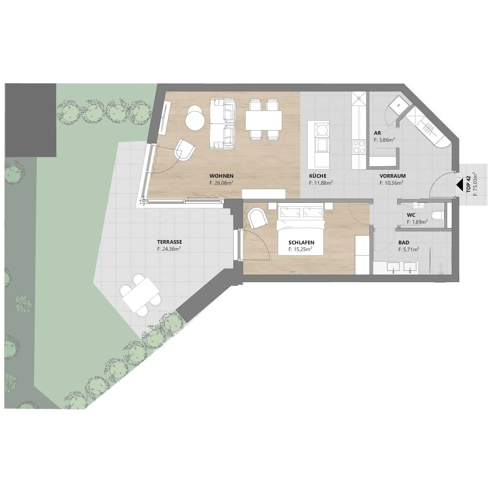TOP 42 • 2-Zimmer, 75 m², vollmöbliert
