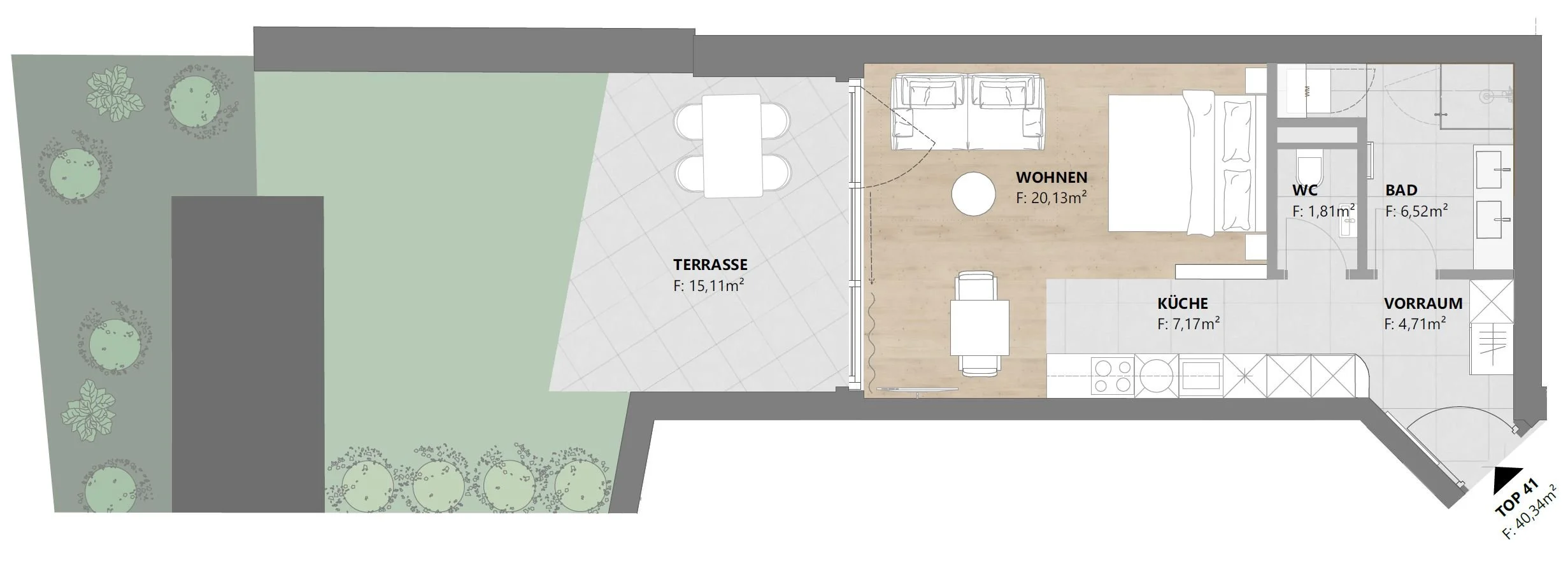 Grundriss TOP 41: 1-Zimmer-Wohnung mit 40 m², Terrasse und eigenem Garten, homelodge Ladis