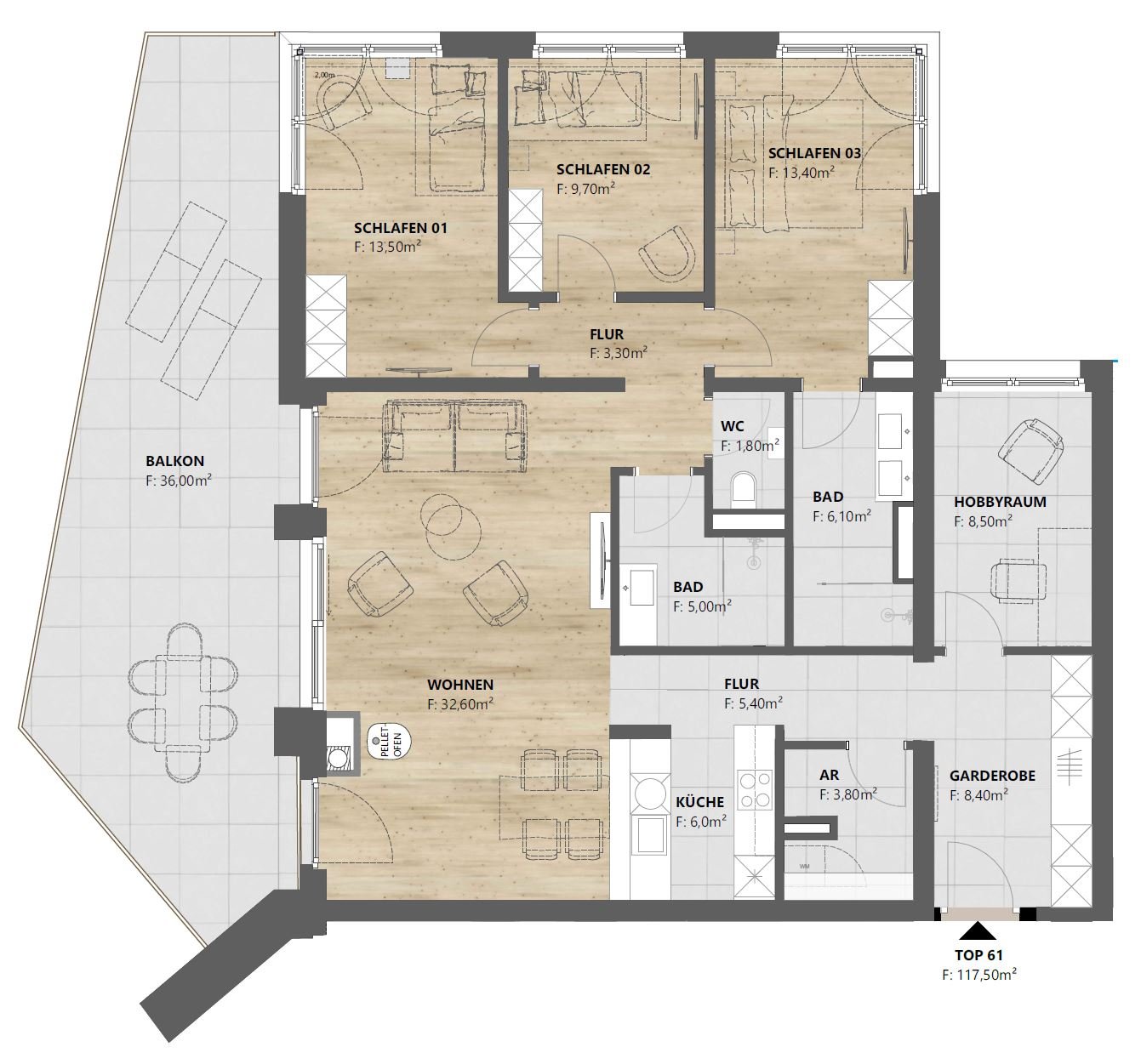 Grundriss TOP 61: 5-Zimmer-Wohnung mit 117 m² und Terrasse, homelodge Ladis
