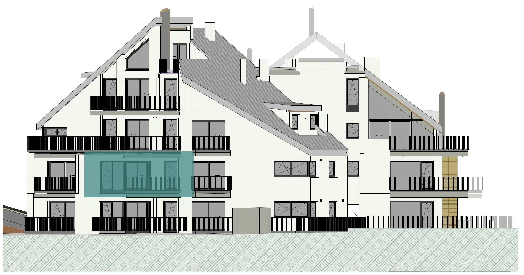 Gebäudeansicht der homelodge Ladis mit markierter Lage von TOP 52, Süd-West