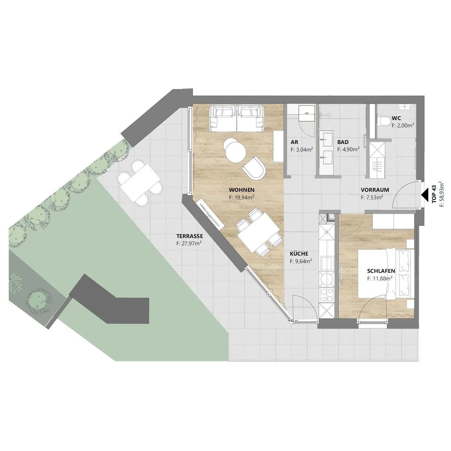 TOP 43 • 2-Zimmer, 59 m², vollmöbliert