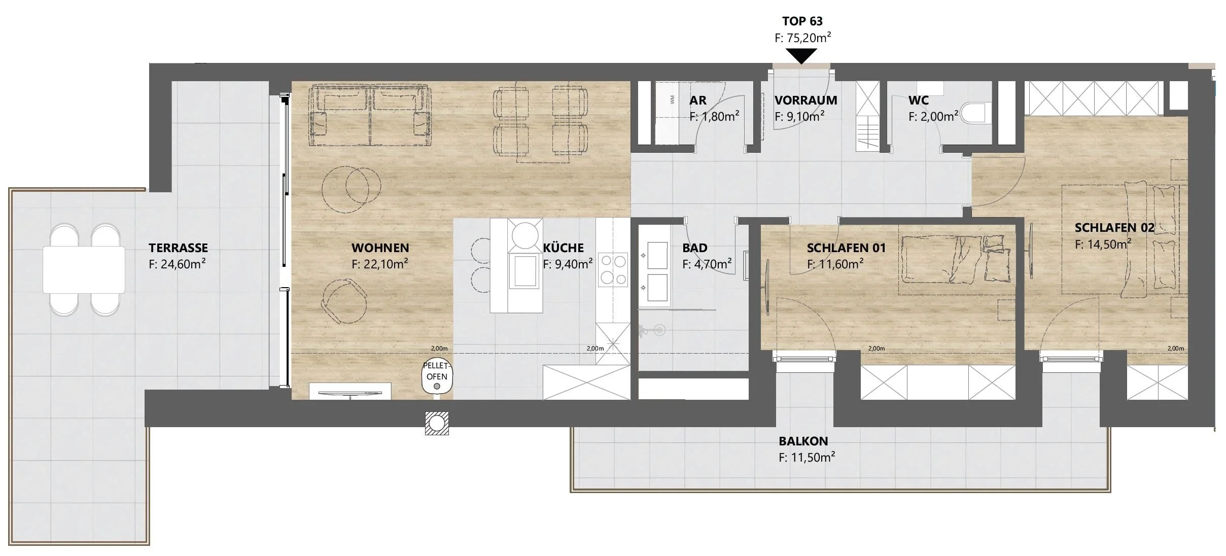 Grundriss TOP 63: 3-Zimmer-Wohnung mit 75 m² und Terrasse, homelodge Ladis