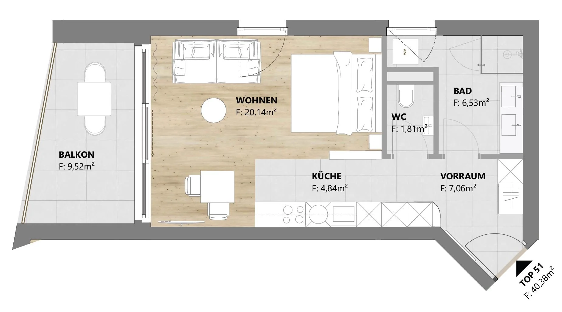 Grundriss TOP 51: 1-Zimmer-Wohnung mit 40 m² und Balkon, homelodge Ladis