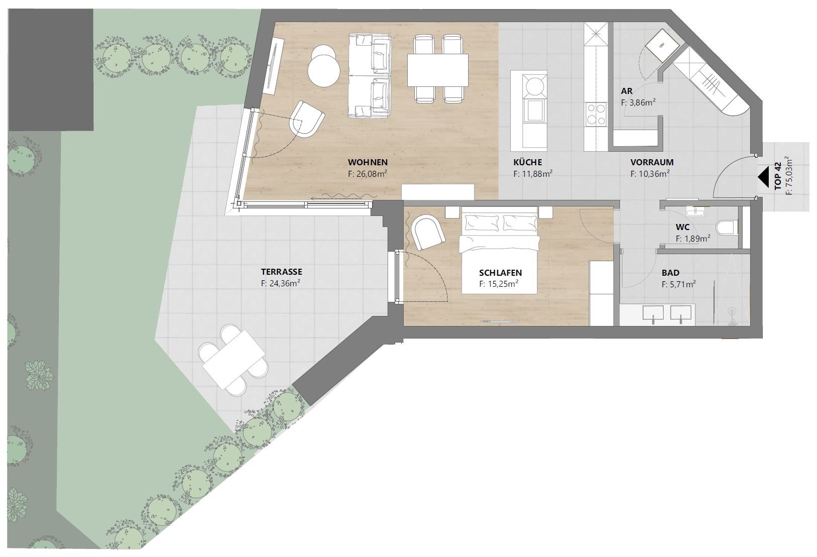 Grundriss TOP 42: 2-Zimmer-Wohnung mit 75 m², Terrasse und eigenem Garten, homelodge Ladis