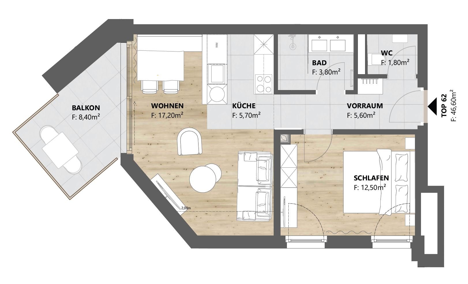 Grundriss TOP 62: 2-Zimmer-Wohnung mit 47 m² und Balkon, homelodge Ladis