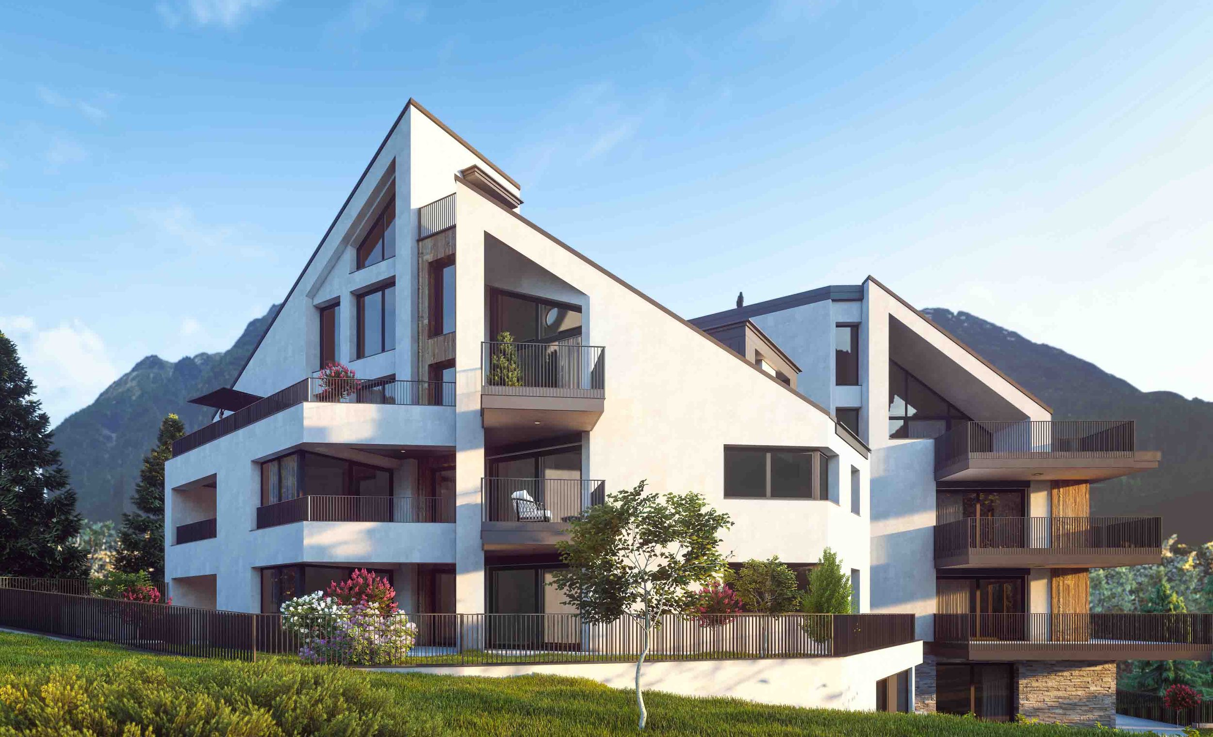 Wohnanlage homelodge Ladis von Süd-West mit den Terrassen der Mietwohnungen im Sommer