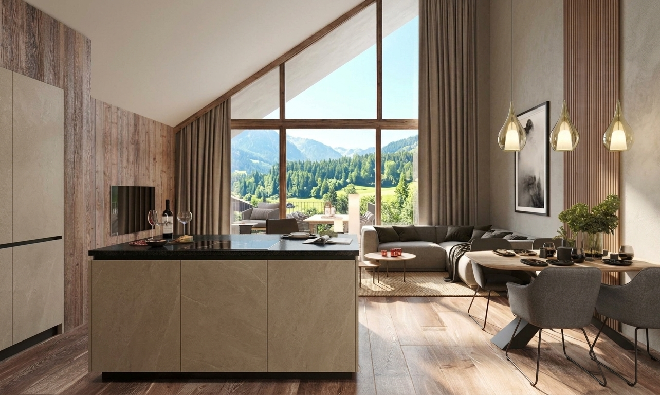 Wohnzimmer mit Panorama Terrasse mit Ausblick in Ladis
