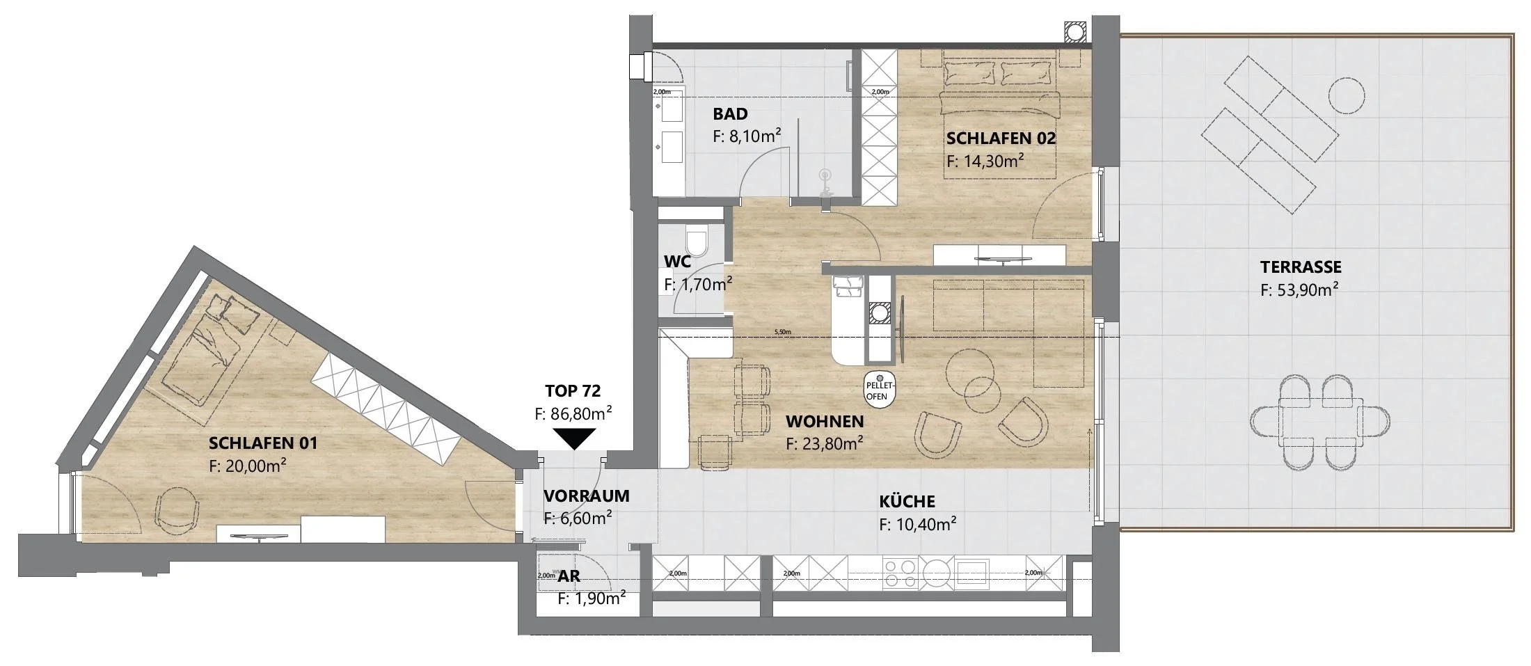 Grundriss TOP 72: 3-Zimmer-Dachgeschosswohnung mit 87 m² und Terrasse, homelodge Ladis