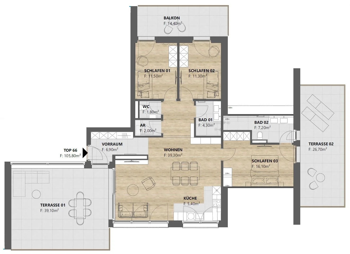 Grundriss TOP 66: 4-Zimmer-Dachgeschosswohnung mit 106 m² und Terrassen, homelodge Ladis