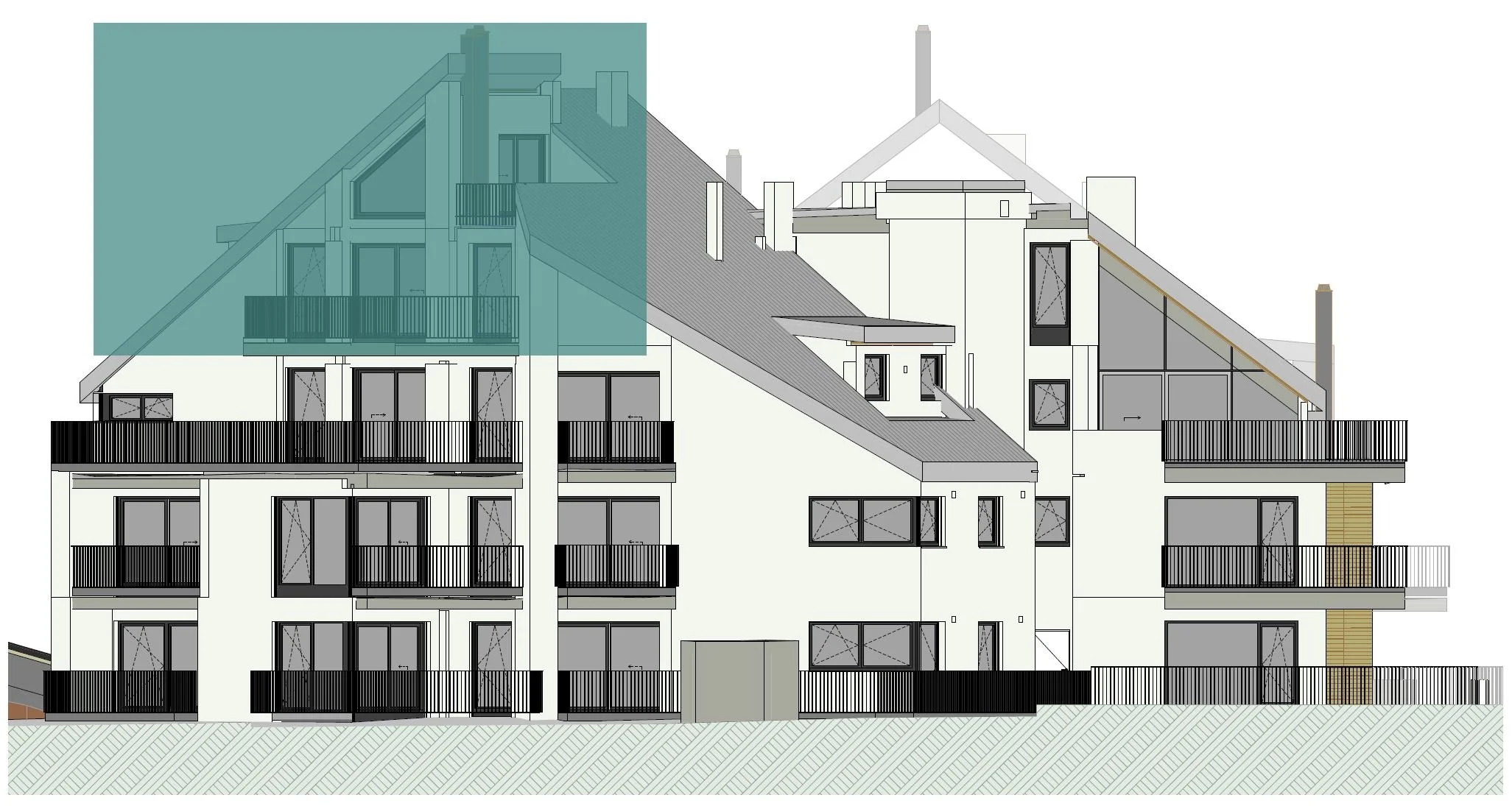 Gebäudeansicht der homelodge Ladis mit markierter Lage von TOP 71, Süd-West