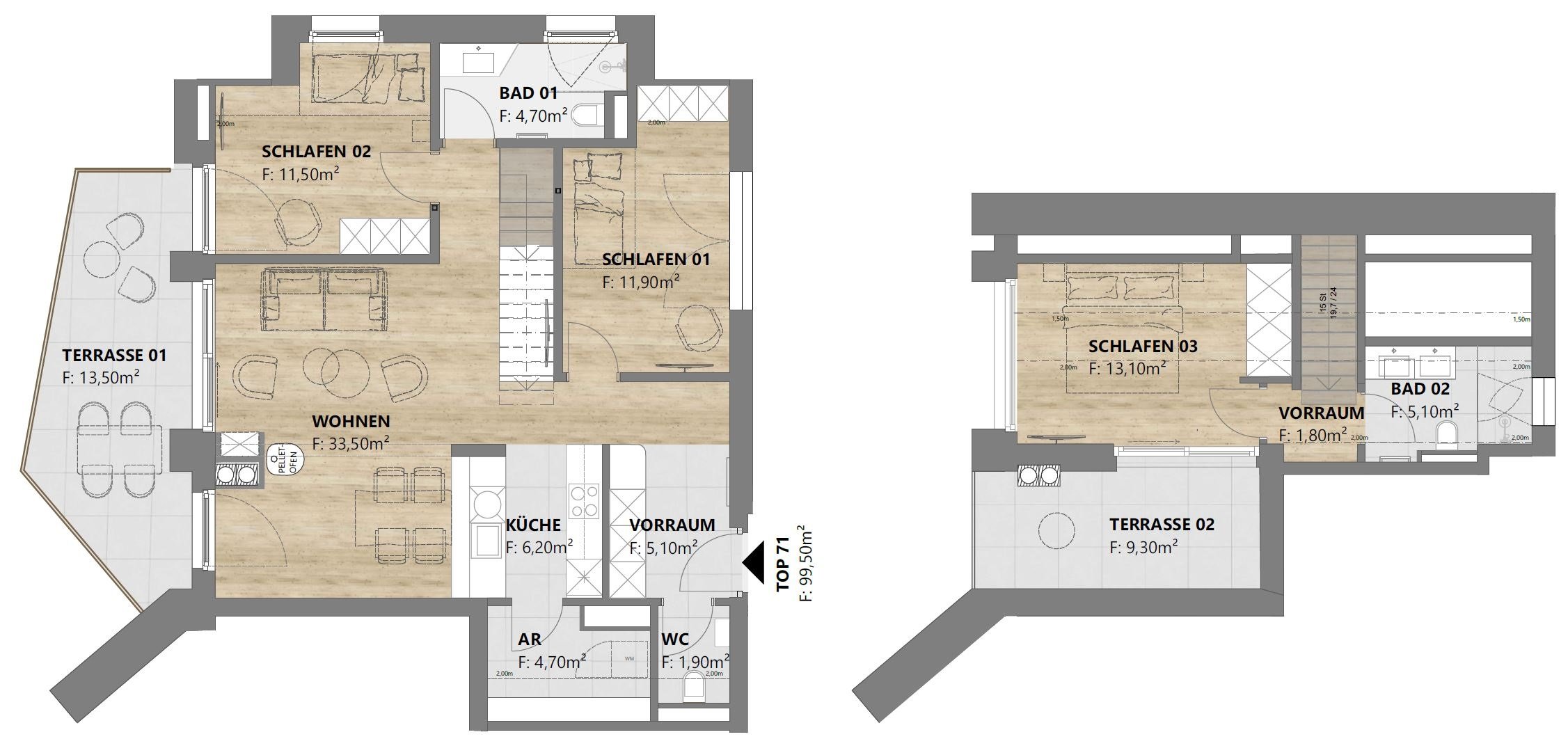 Grundriss TOP 71: 4-Zimmer-Maisonette über zwei Ebenen, 100 m² mit Terrassen, homelodge Ladis