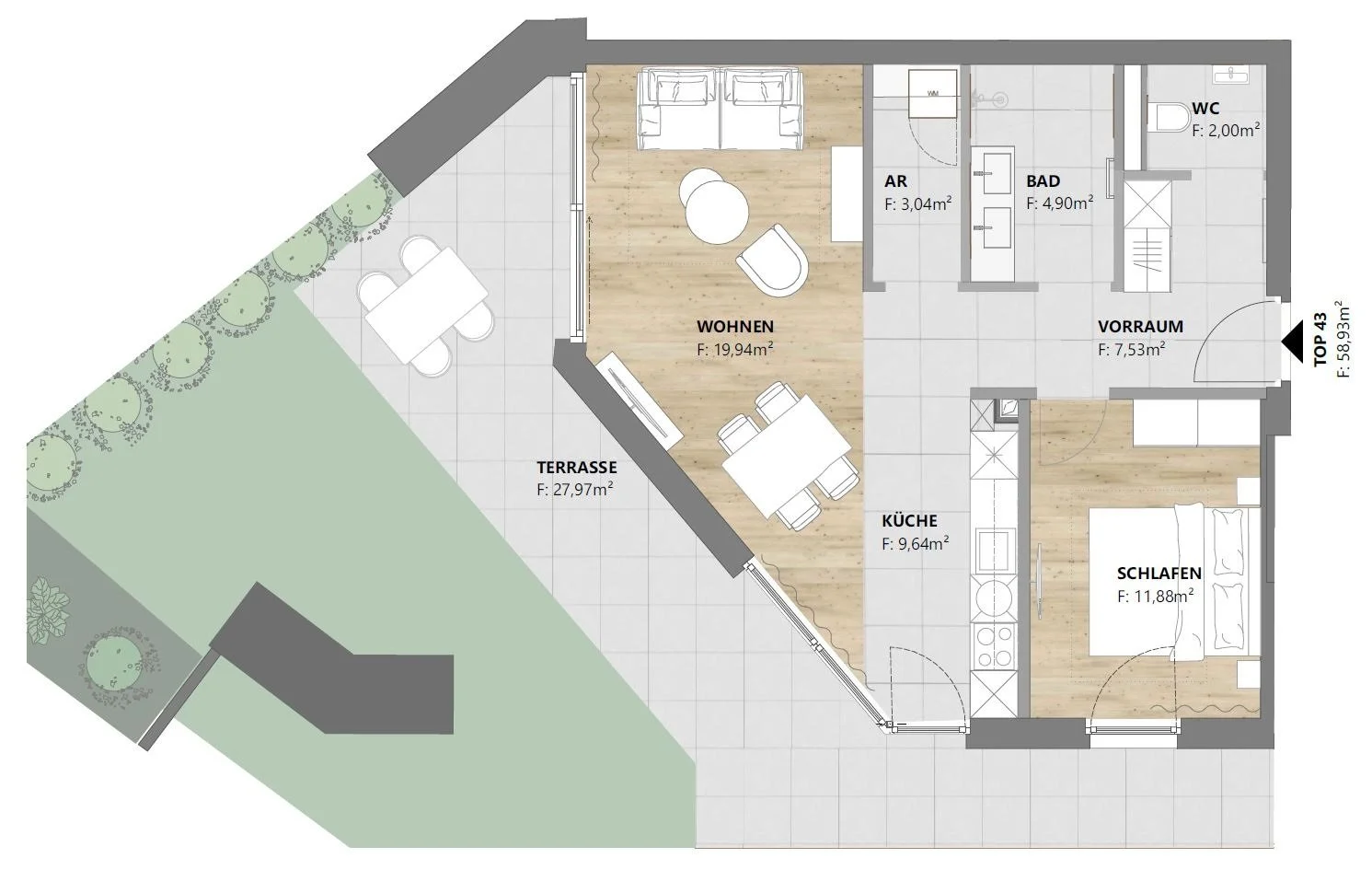 Grundriss TOP 43: 2-Zimmer-Wohnung mit 59 m², Terrasse und eigenem Garten, homelodge Ladis