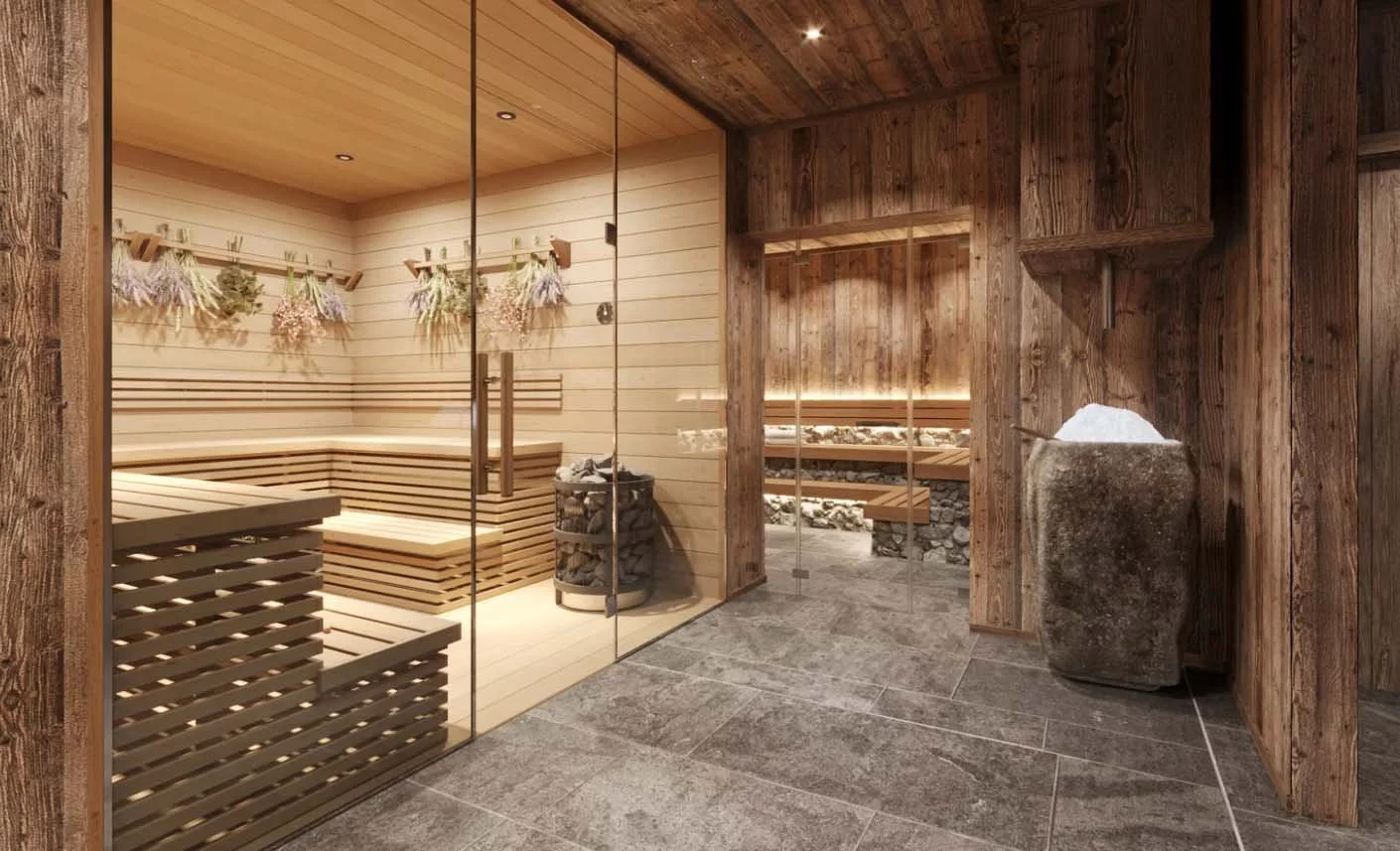 Steinsauna im 168 m² Wellnessbereich der homelodge Ladis