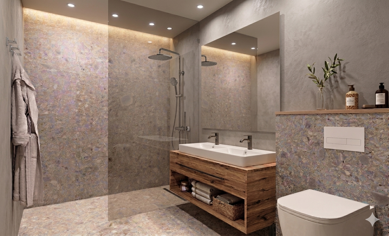 Ein modernes Badezimmer mit einer Dusche, einem Doppelwaschbecken aus Holz, einem großen Spiegel, einer Toilette und dekorativen Fliesen