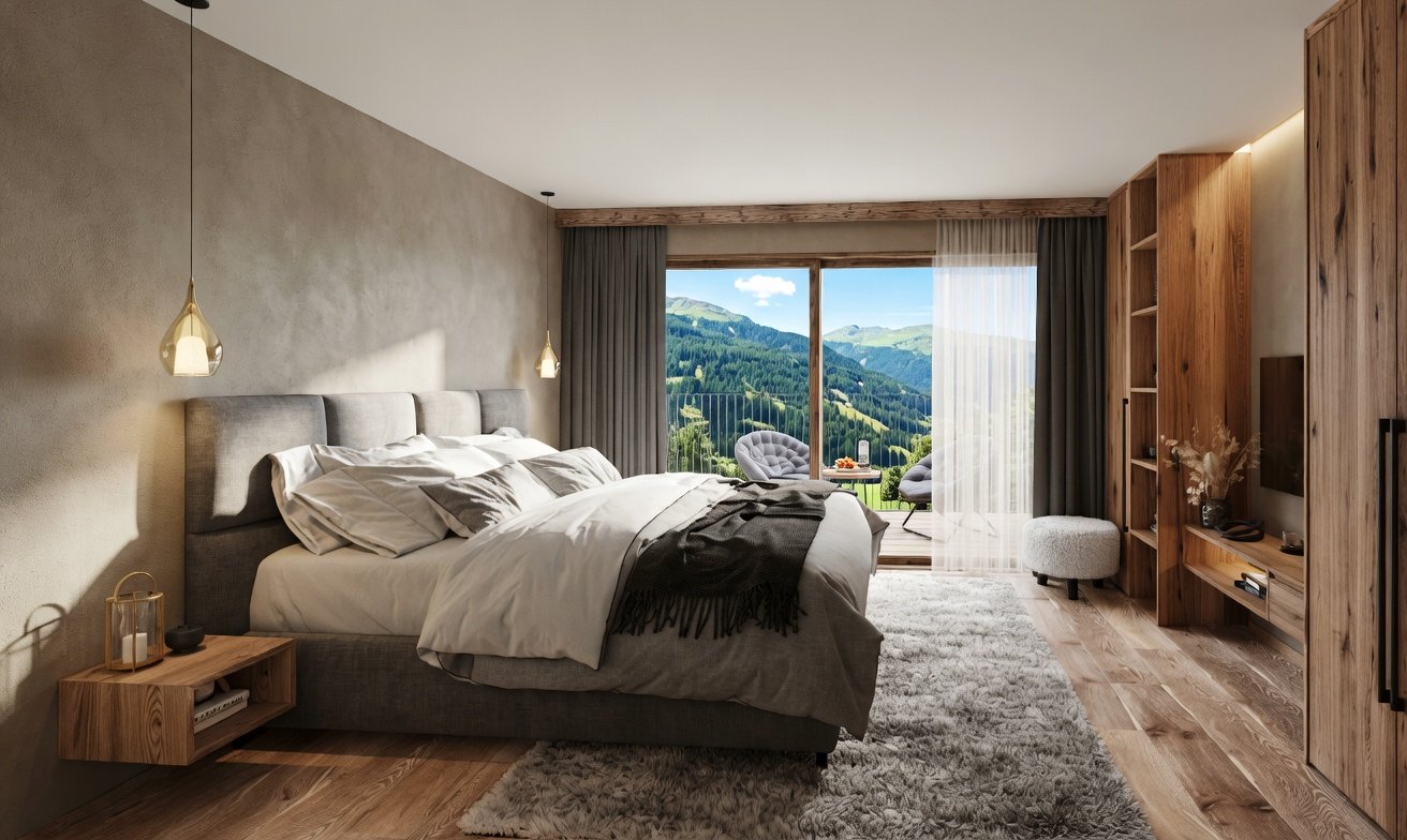 Schlafzimmer einer Mietwohnung in Ladis mit Bergpanorama