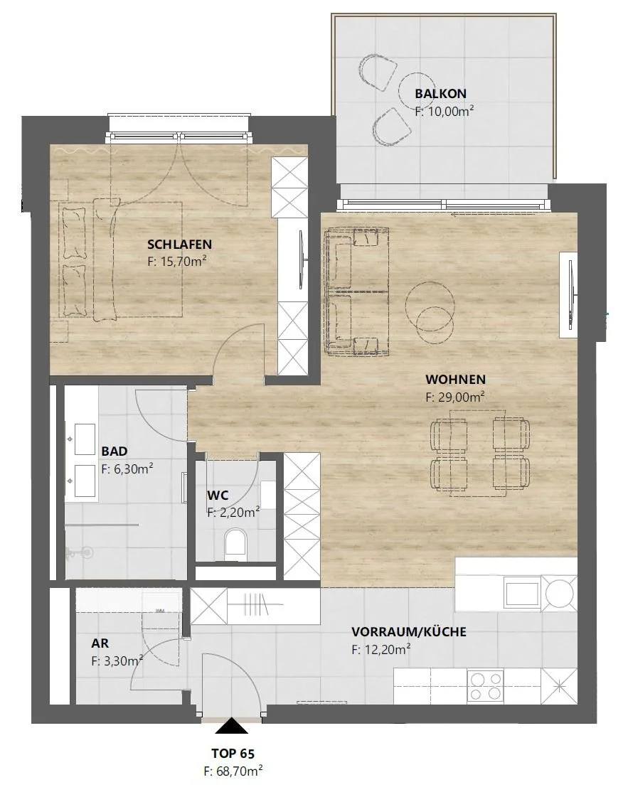 Grundriss TOP 65: 2-Zimmer-Wohnung mit 69 m² und Balkon, homelodge Ladis