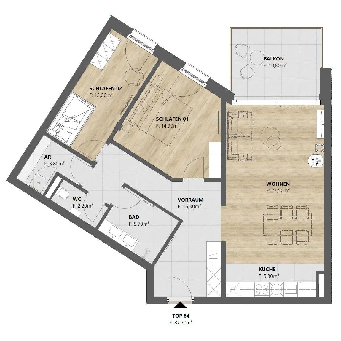 TOP 64 • 3-Zimmer, 88 m², teilmöbliert