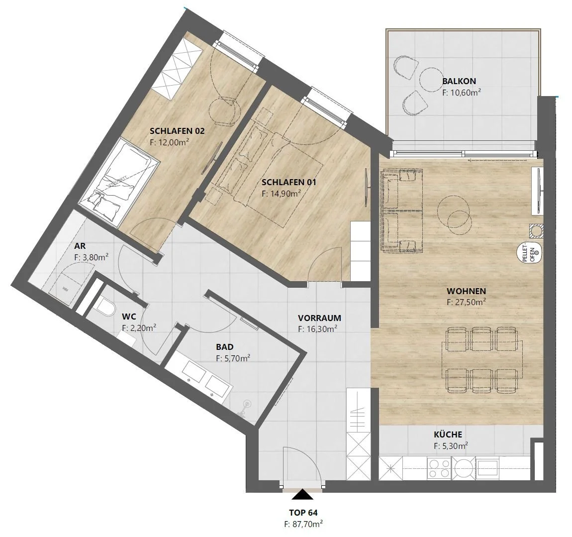 Grundriss TOP 64: 3-Zimmer-Wohnung mit 88 m² und Balkon, homelodge Ladis