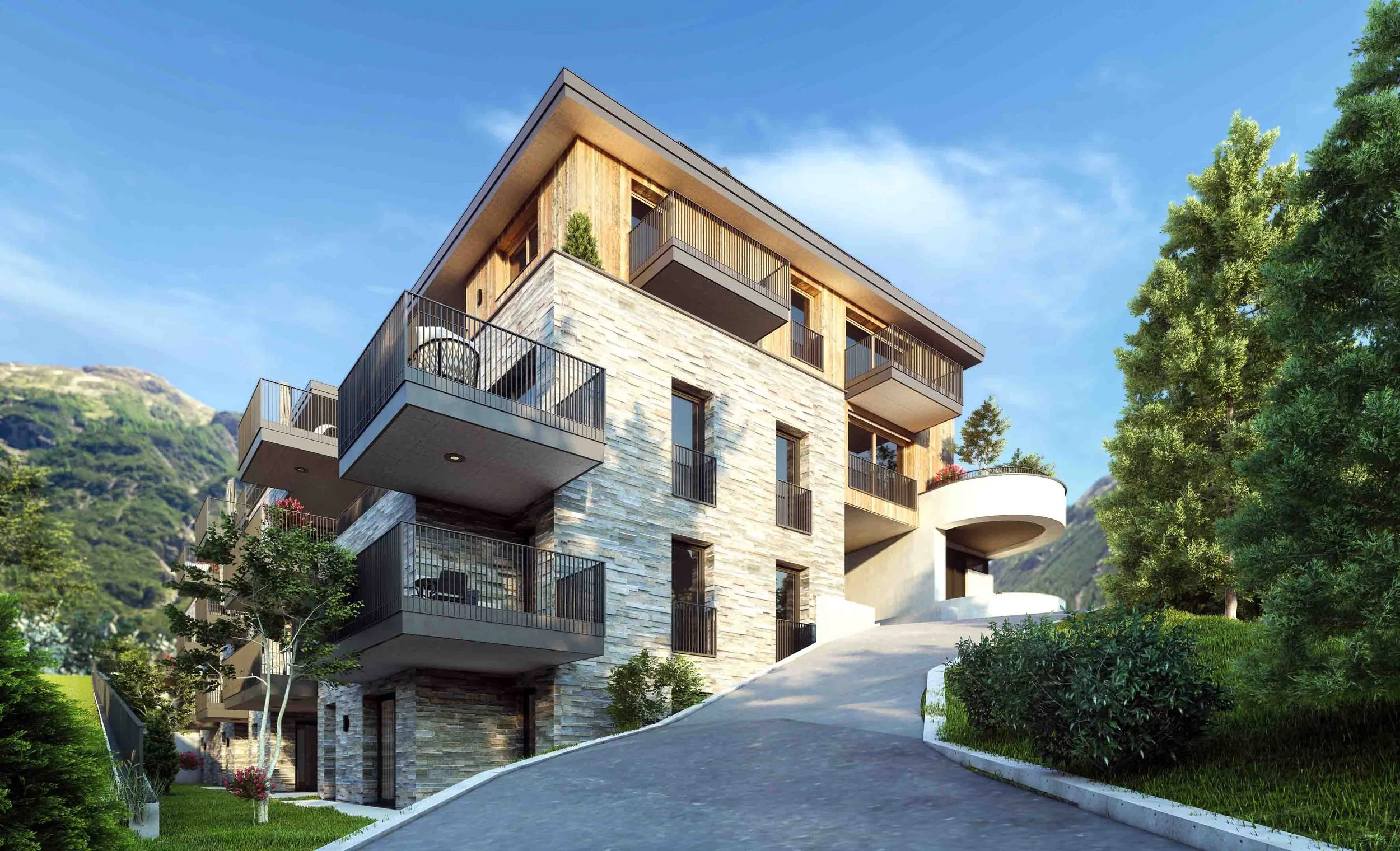 homelodge Ladis von Nord-Ost mit steinverkleideter Fassade