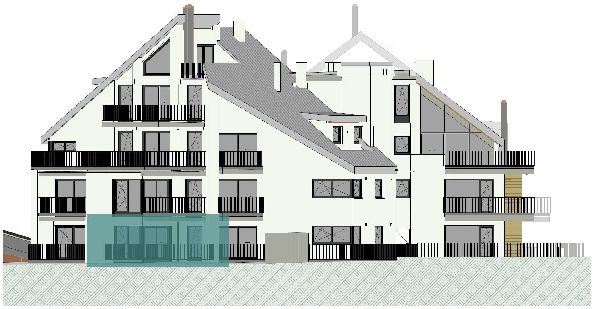 Gebäudeansicht der homelodge Ladis mit markierter Lage von TOP 42, Süd-West