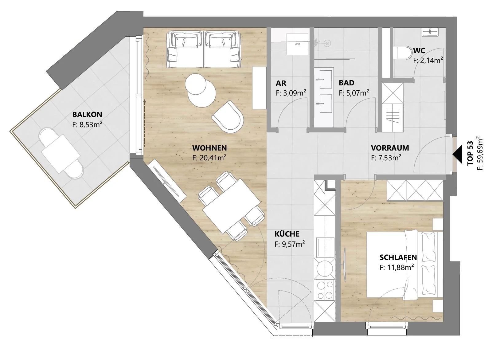 Grundriss TOP 53: 2-Zimmer-Wohnung mit 60 m² und Balkon, homelodge Ladis