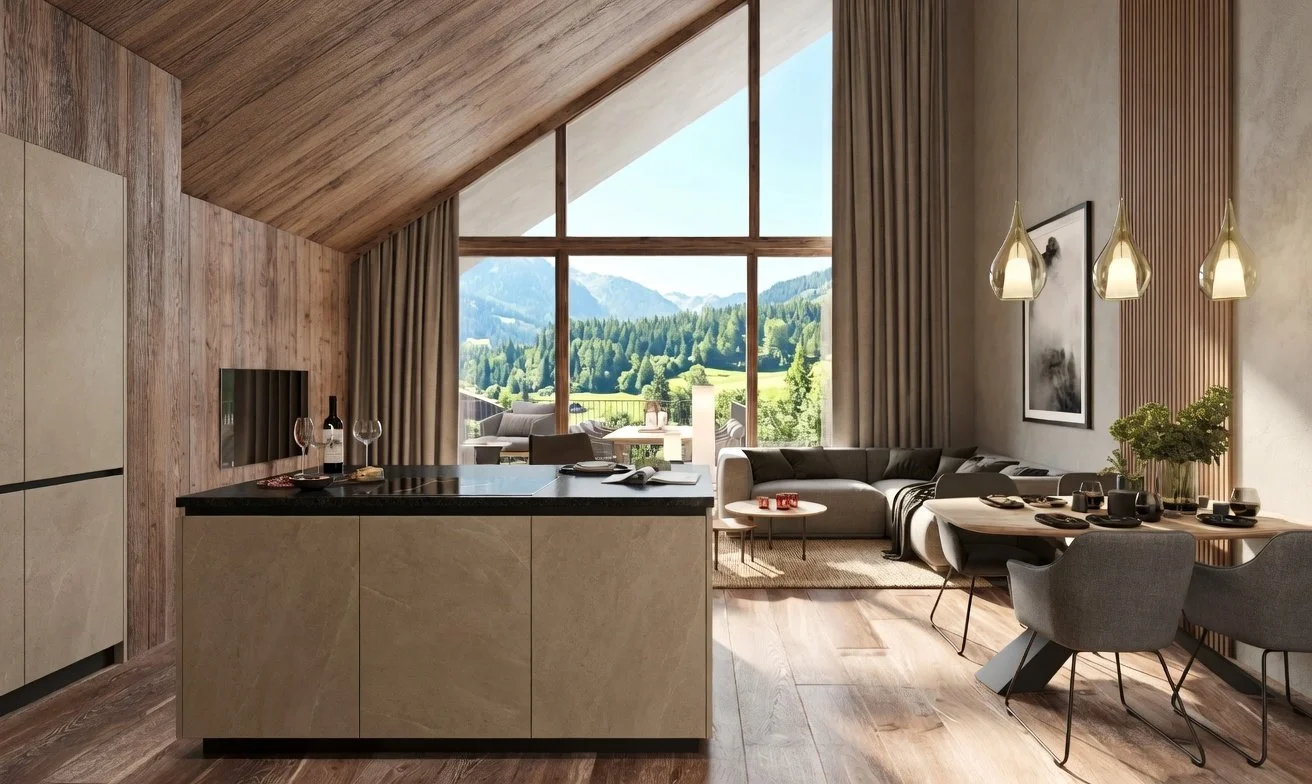 Moderne offene Wohnküche mit Blick auf die Berge, großes Fenster, gemütliche Sitzecke in Ladis