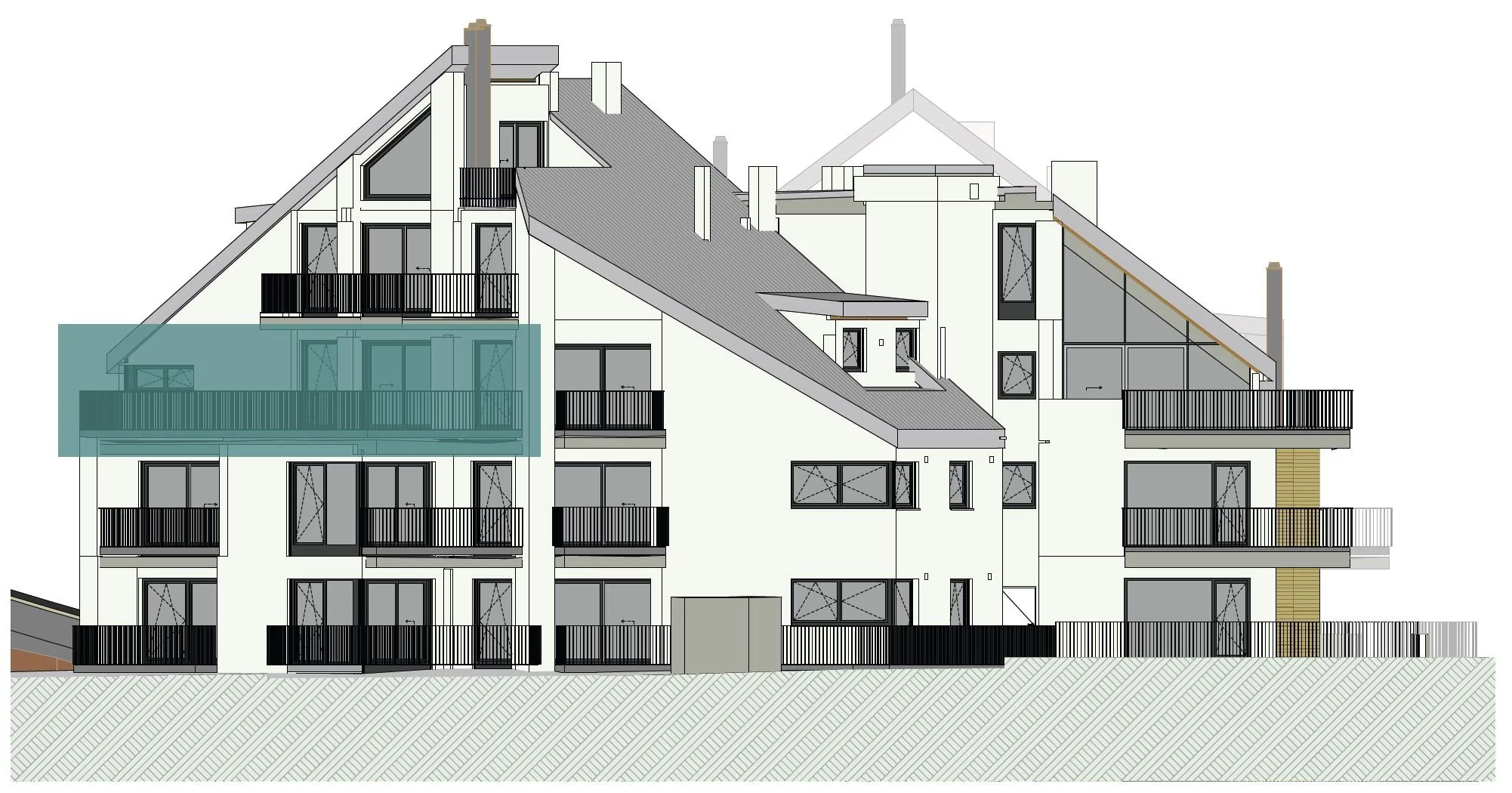 Gebäudeansicht der homelodge Ladis mit markierter Lage von TOP 61, Süd-West