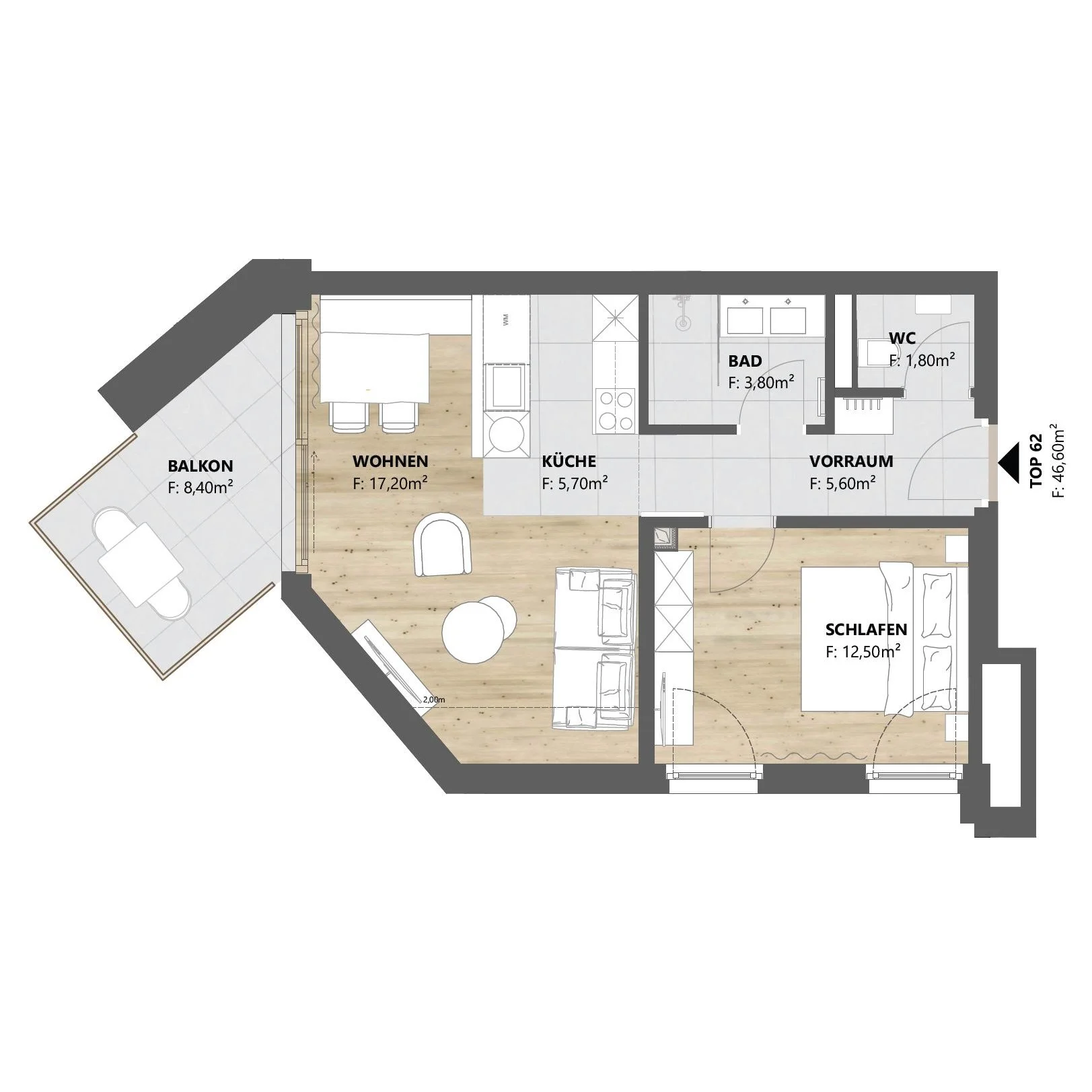 TOP 62 • 2-Zimmer, 47 m², vollmöbliert