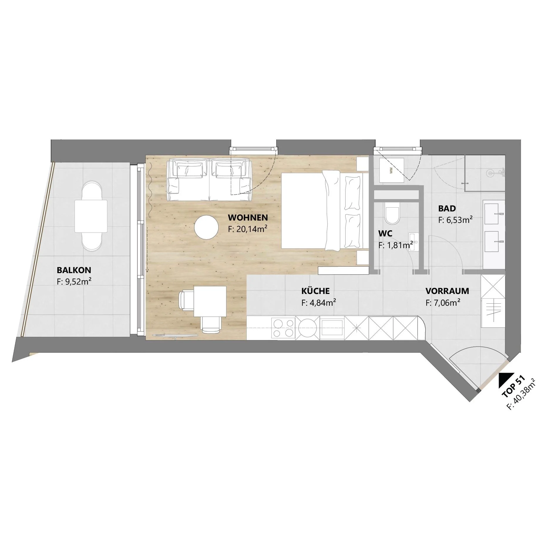 TOP 51 • 1-Zimmer, 40 m², vollmöbliert