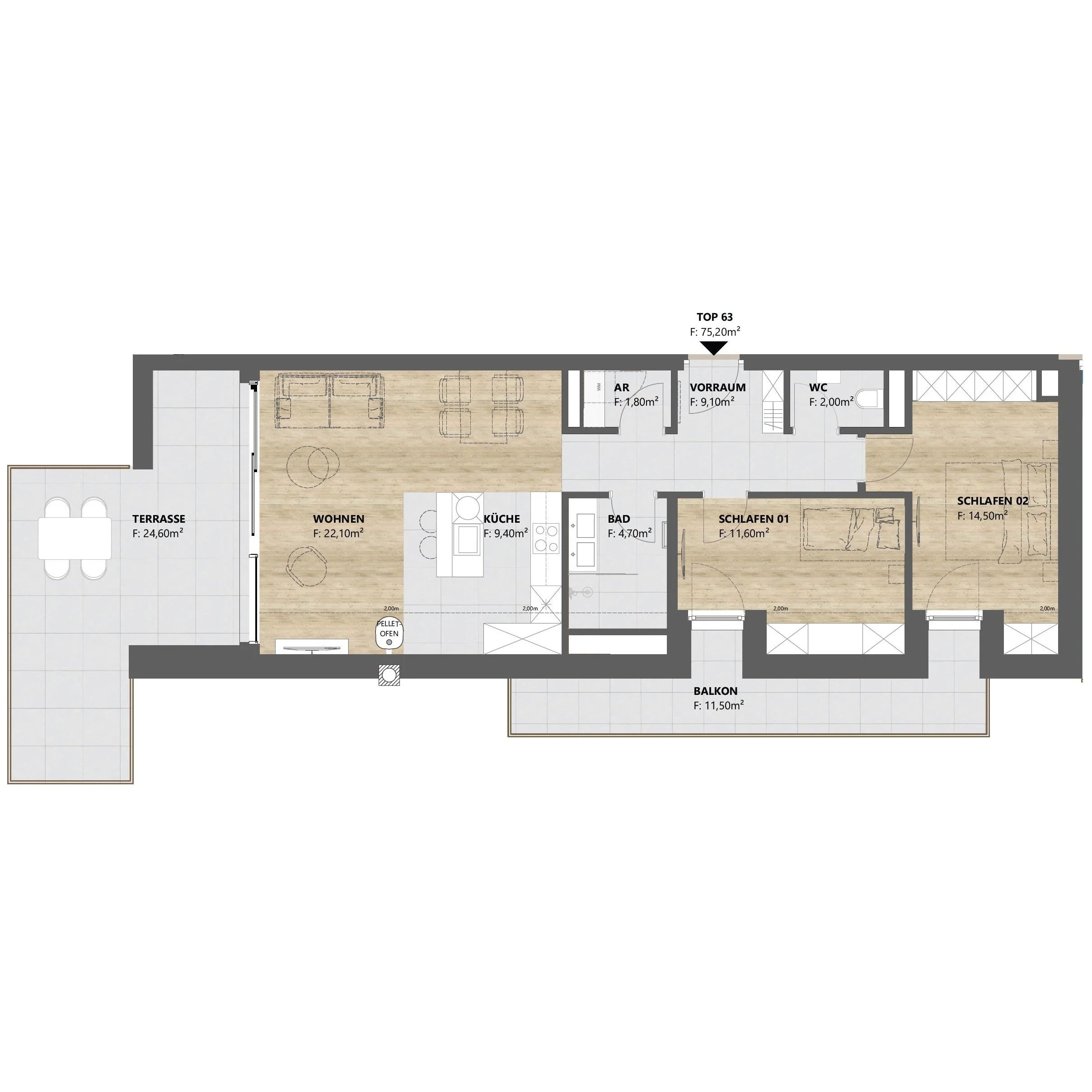 TOP 63  • 3-Zimmer, 75 m², teilmöbliert