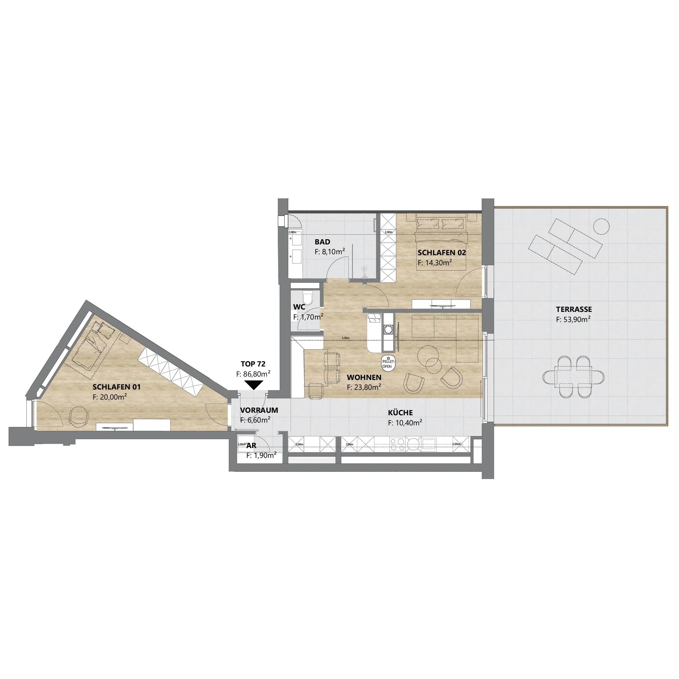 TOP 72 • 3-Zimmer, 87 m², teilmöbliert