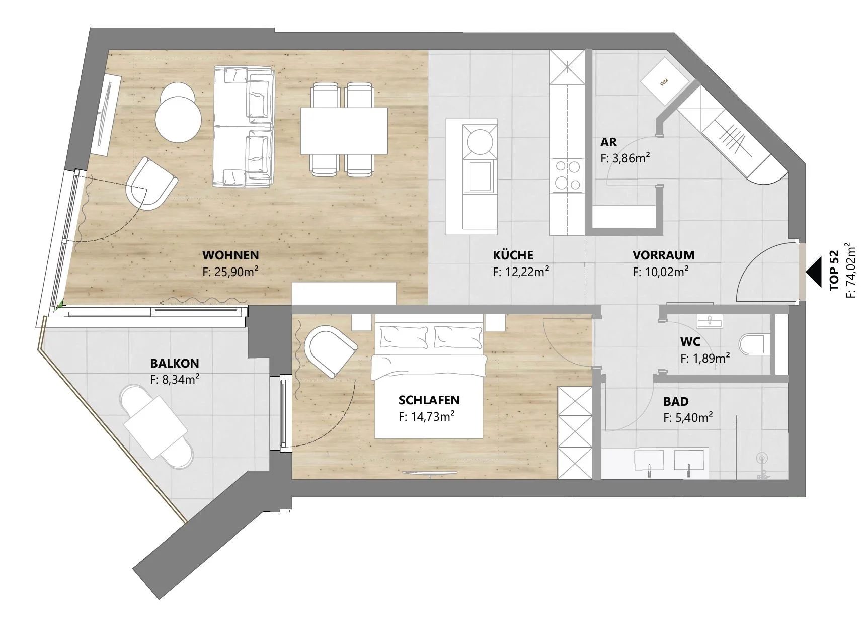 Grundriss TOP 52: 2-Zimmer-Wohnung mit 74 m² und Balkon, homelodge Ladis