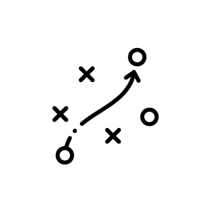 A diagram of a sports strategy with circles and X's connected by lines and an arrow, on a white background.