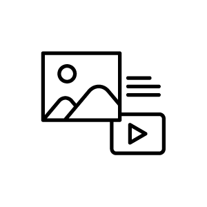 Icon of a photo with a mountain and sun, connected to a play button, in a circular background.