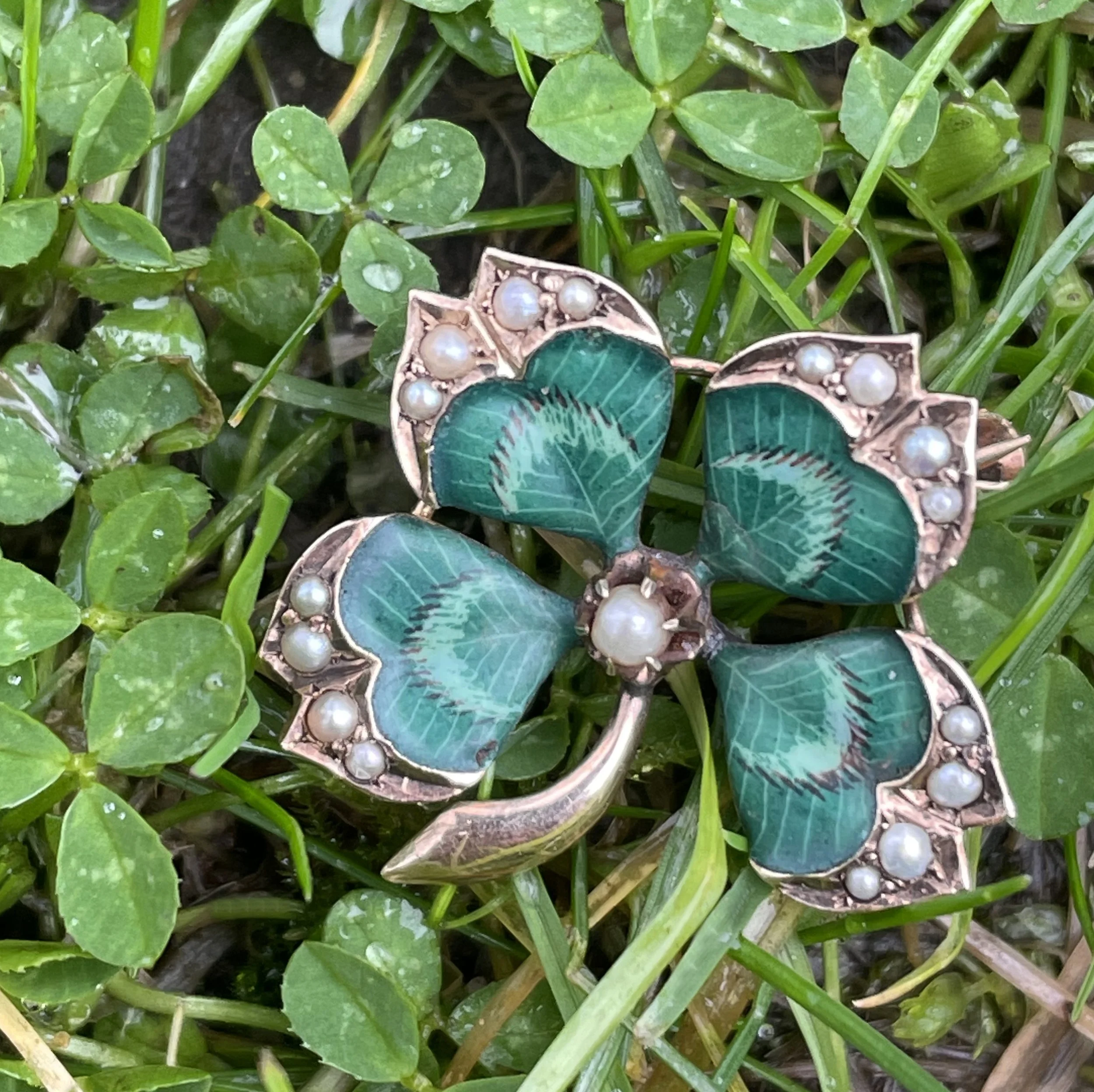 Late Victorian gold enamel four-leaf clover brooch