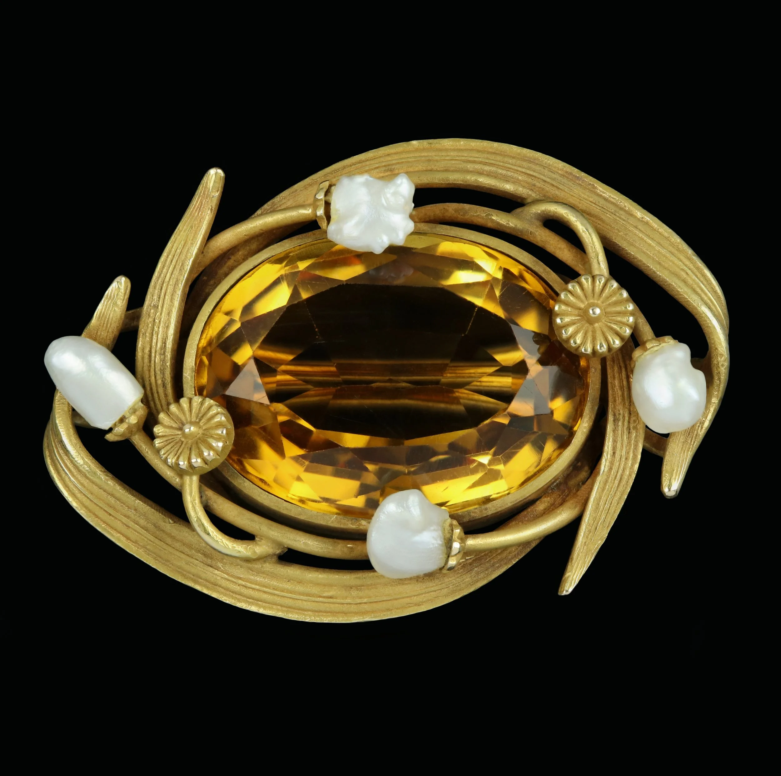 American Art Nouveau gold citrine and pearl brooch