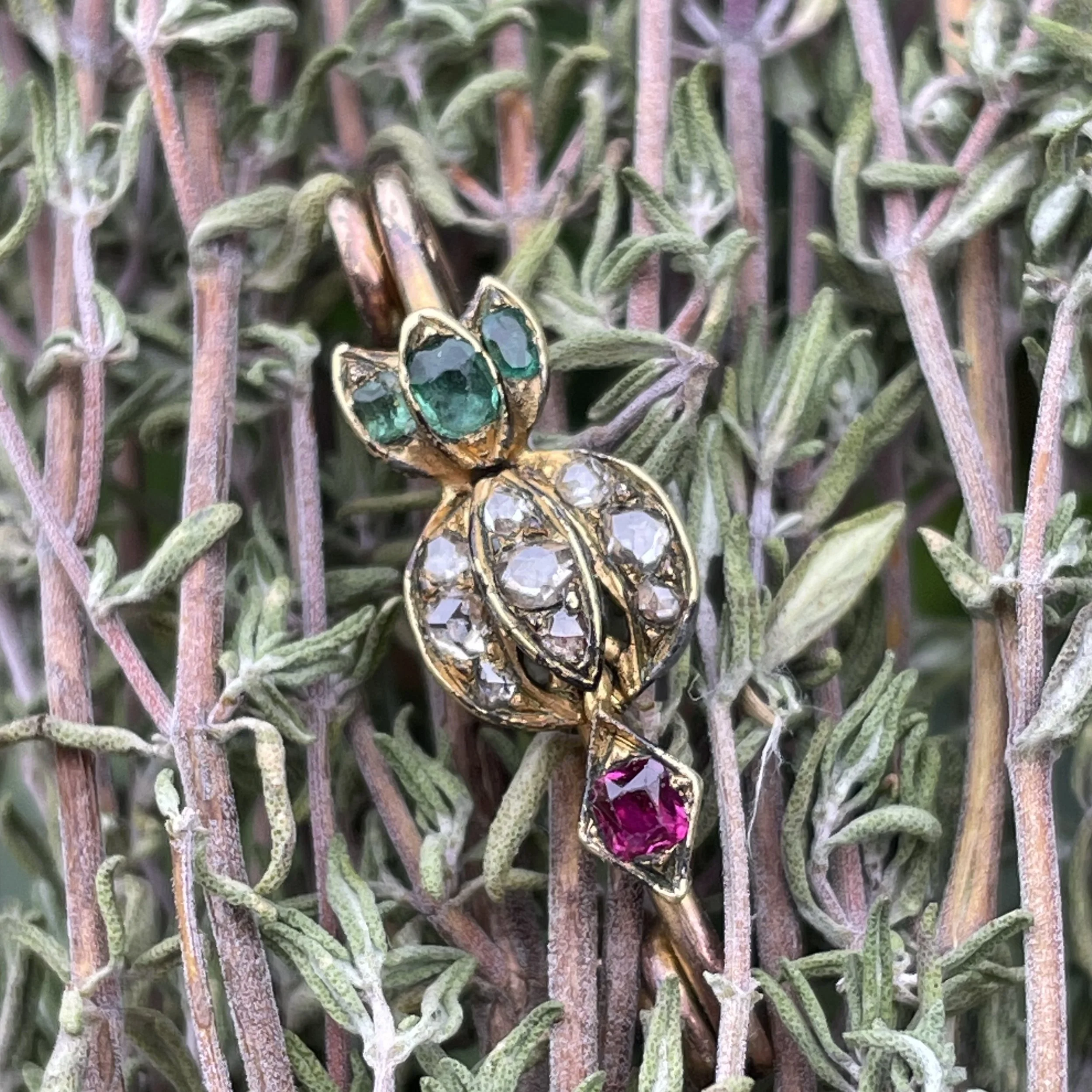 Late Victorian gold diamond, ruby and emerald turnip brooch